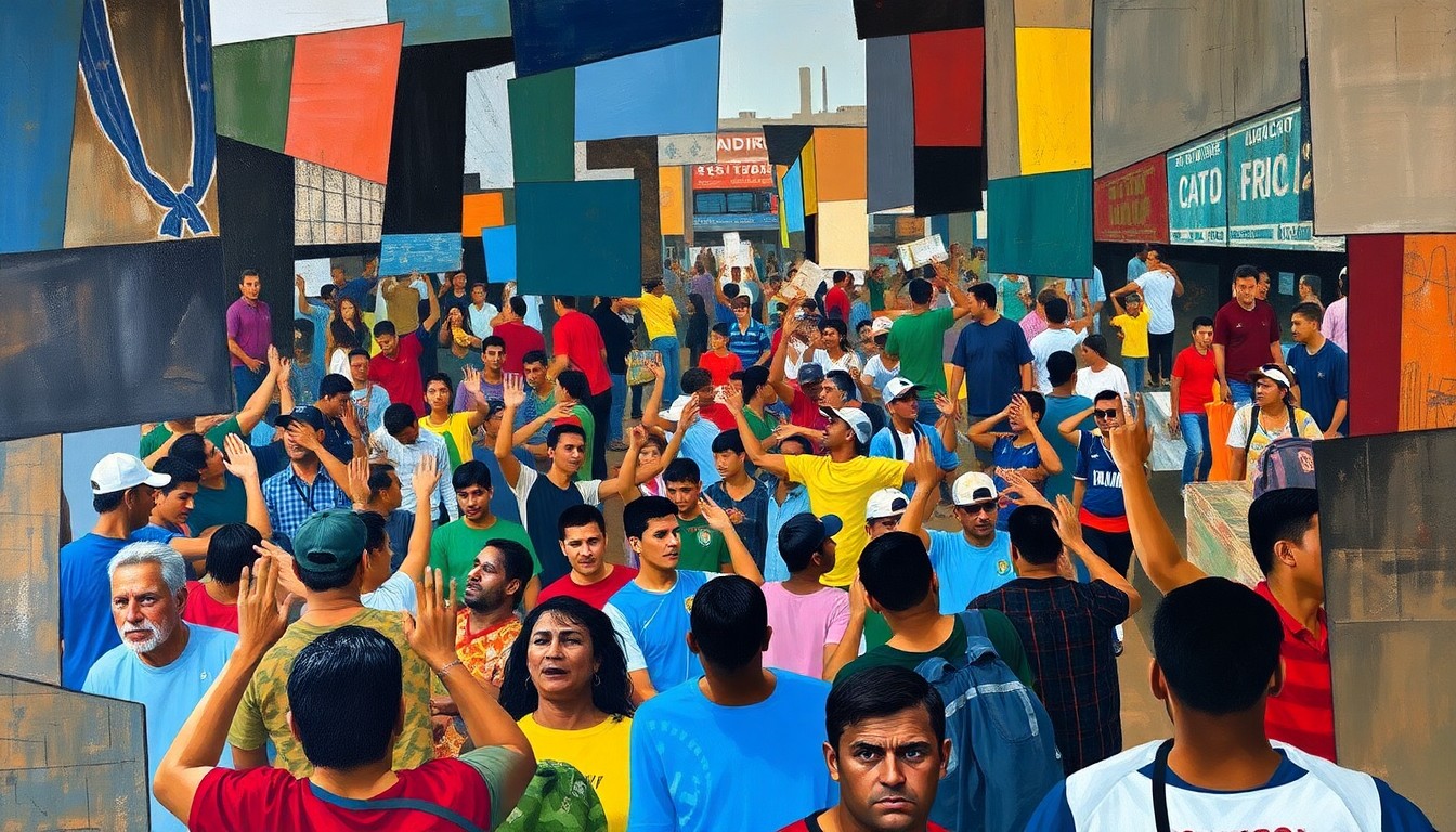 A cubist, geometric painting depicting the fragmented and overlapping experiences of World Cup fans facing steep transit and ticket costs, conveying the financial challenges of attending the global soccer event.
