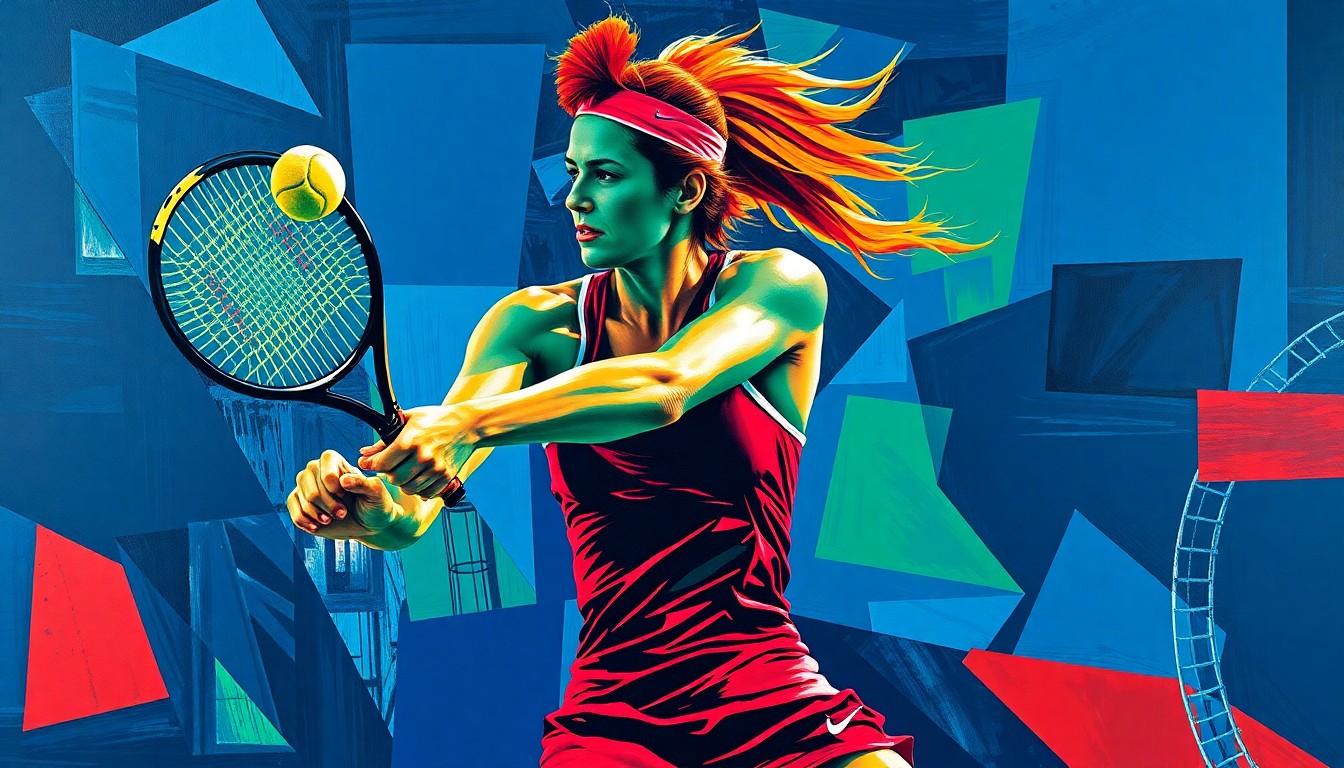 A cubist, geometric illustration depicting a women's tennis player in motion, with sharp, overlapping planes of navy, green, and red creating a dynamic, fragmented visual representation of the sport.