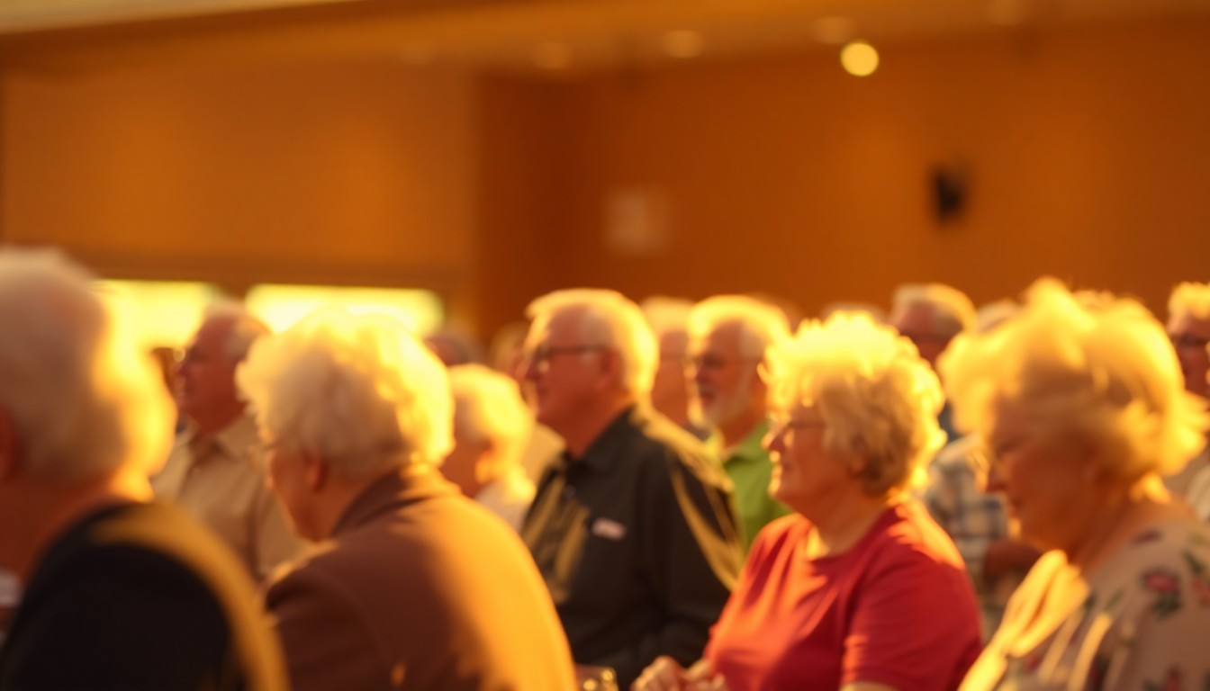 An abstract, impressionistic scene of blurred figures in a warm, inviting setting, conveying a sense of community and education around the topic of senior scams.