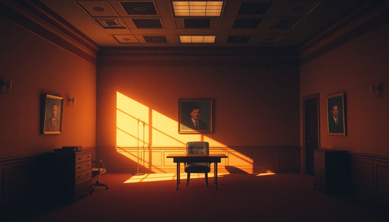 A dimly lit, cinematic interior scene featuring a lone desk and chair in a political office, with warm sunlight streaming in through a window and casting deep shadows across the room, conveying a sense of solitude and contemplation.