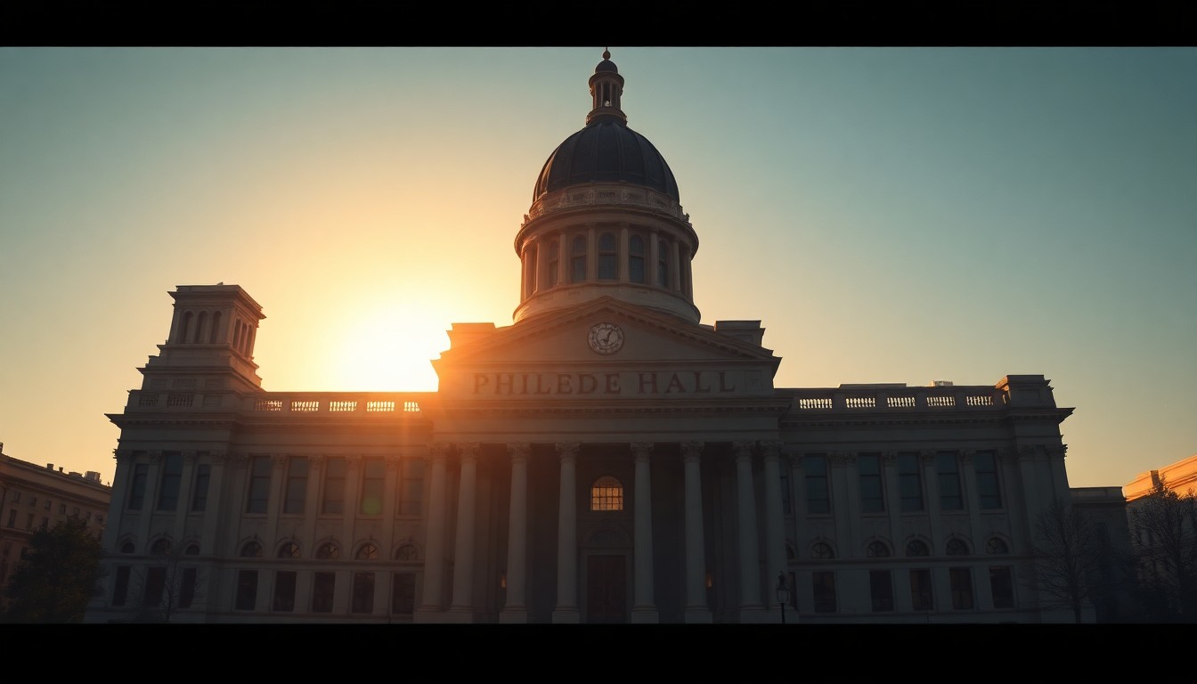 A photorealistic painting of the Philadelphia City Hall building in warm, golden sunlight, with deep shadows across the facade, conveying the civic pride and political significance of the city's bid to host the 2028 Democratic National Convention.