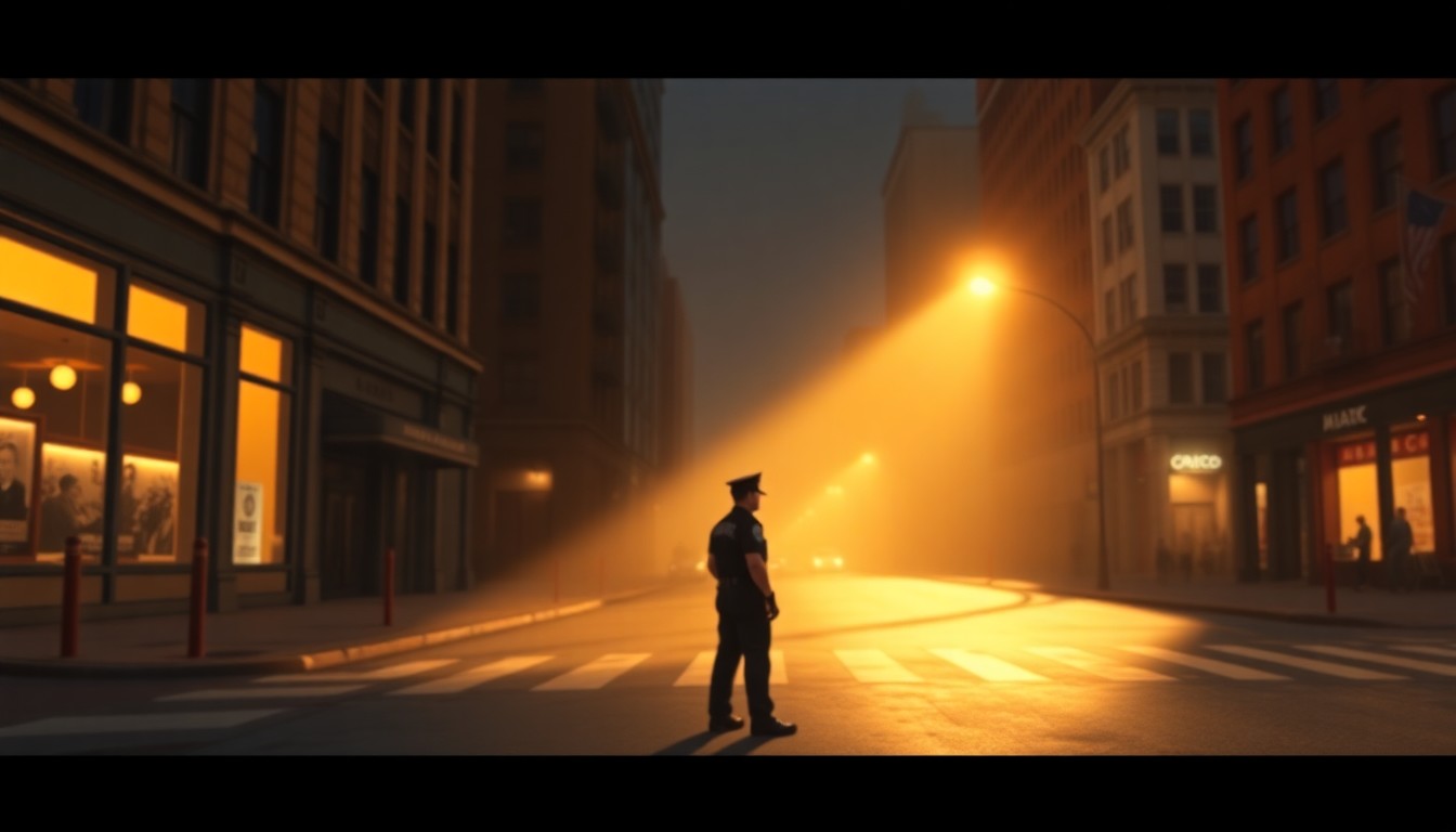 A cinematic painting of a lone police officer or firefighter standing on a Chicago city street, the figure illuminated by warm, diagonal sunlight and surrounded by deep shadows, conceptually representing the financial security challenges facing public sector workers.