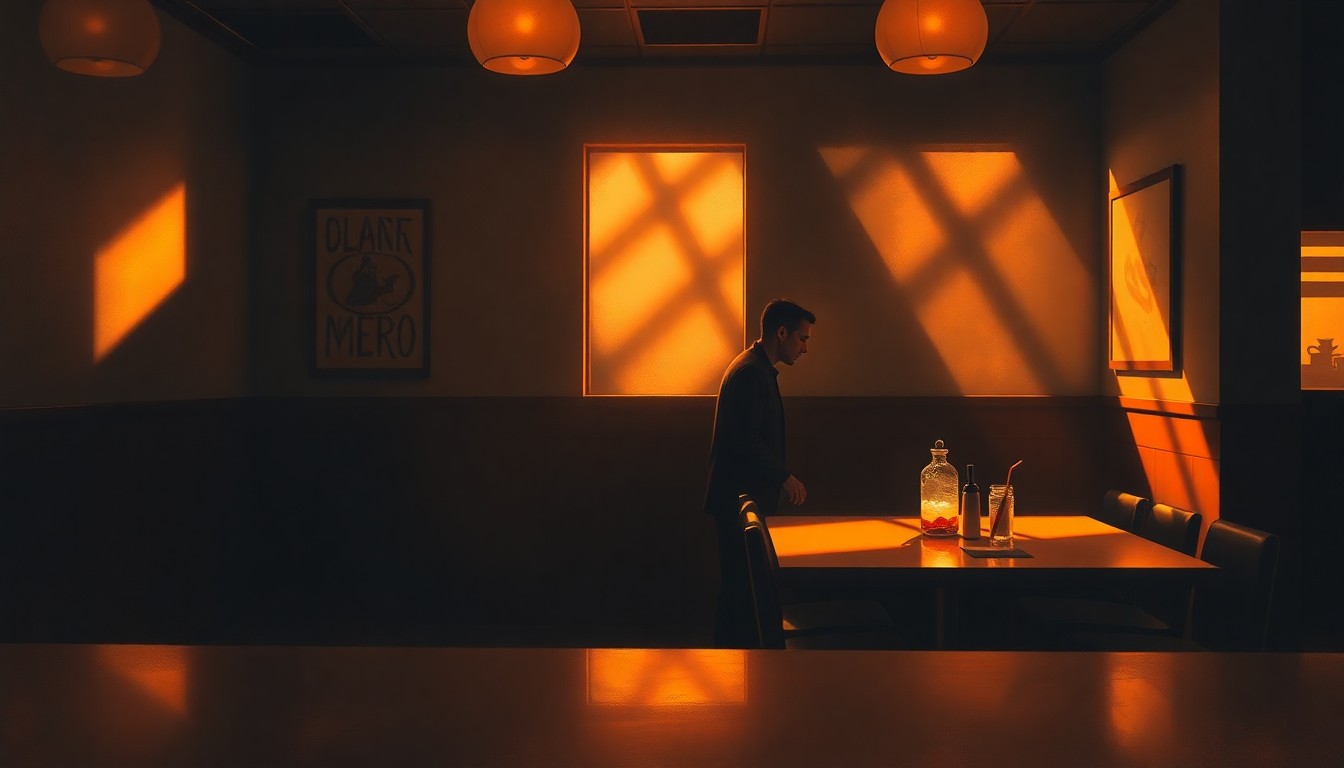 A moody, cinematic painting of a lone server standing behind a diner counter, the space filled with warm light and deep shadows, capturing the tension and emotion of the political debate over tipped workers' wages.