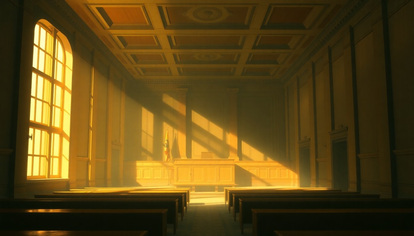 A dimly lit, cinematic painting of an empty city council chamber, with warm sunlight streaming through the windows and deep shadows cast across the empty seats and desks, conveying a sense of civic responsibility and the weight of political decision-making.