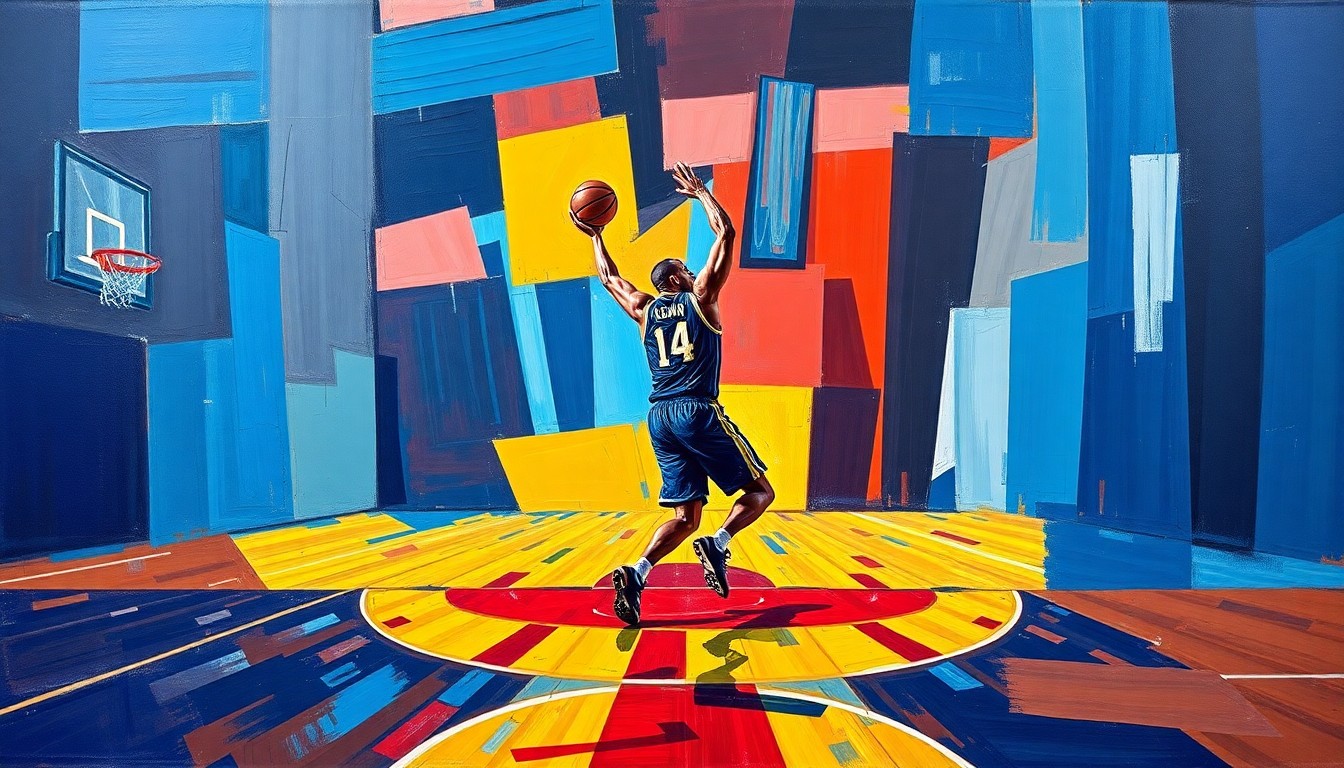 A cubist-style painting depicting the geometric shapes and planes of a basketball player's movements, rendered in a vibrant color palette of blues, reds, and yellows, conceptually representing the dynamic addition of Aiden Sherrell to Indiana's frontcourt.