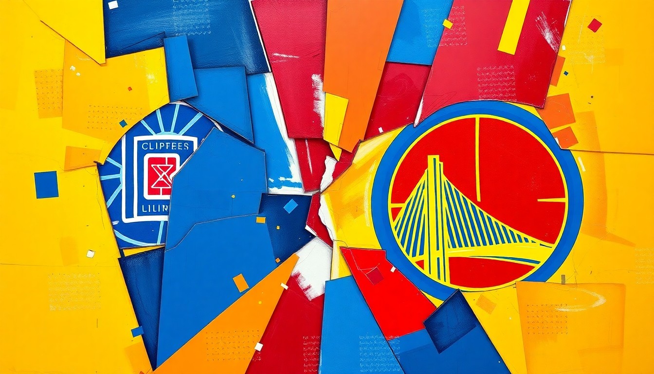 A fractured, geometric painting in bold colors depicting the action and intensity of an NBA playoff game, with sharp overlapping shapes and planes representing the competitive spirit of the matchup.