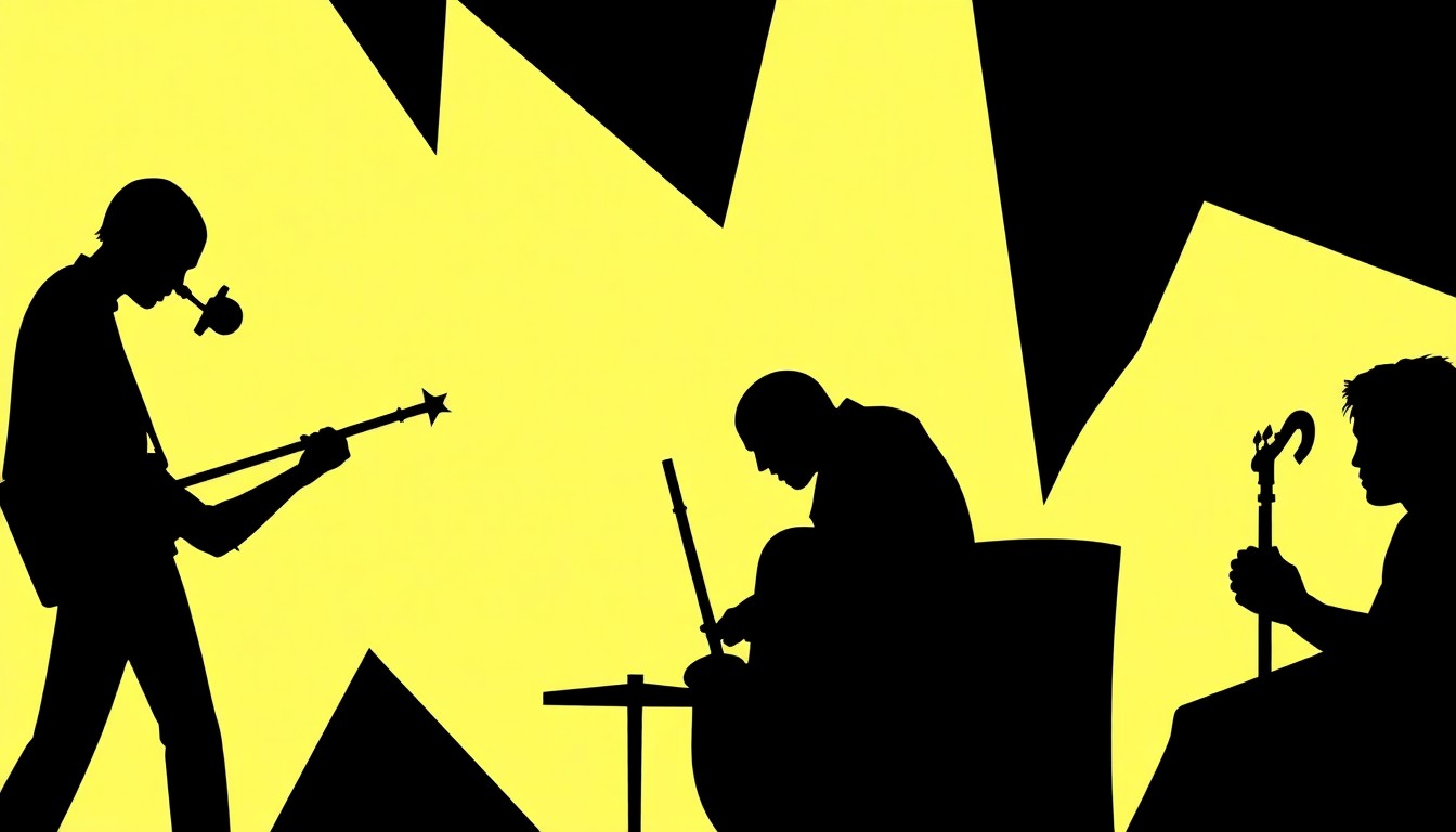An abstract, minimalist illustration featuring bold, jagged black silhouettes against a vibrant, high-contrast background, capturing the energy and improvisational spirit of a jazz performance.
