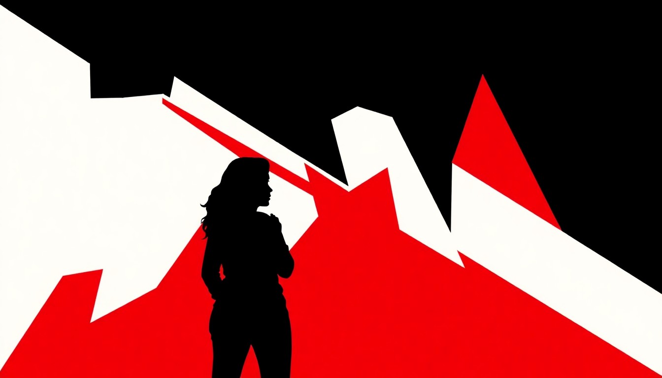 An abstract, minimalist illustration featuring bold, jagged shapes in red, white, and black, conceptually representing the launch of Reba McEntire's new monthly music series.
