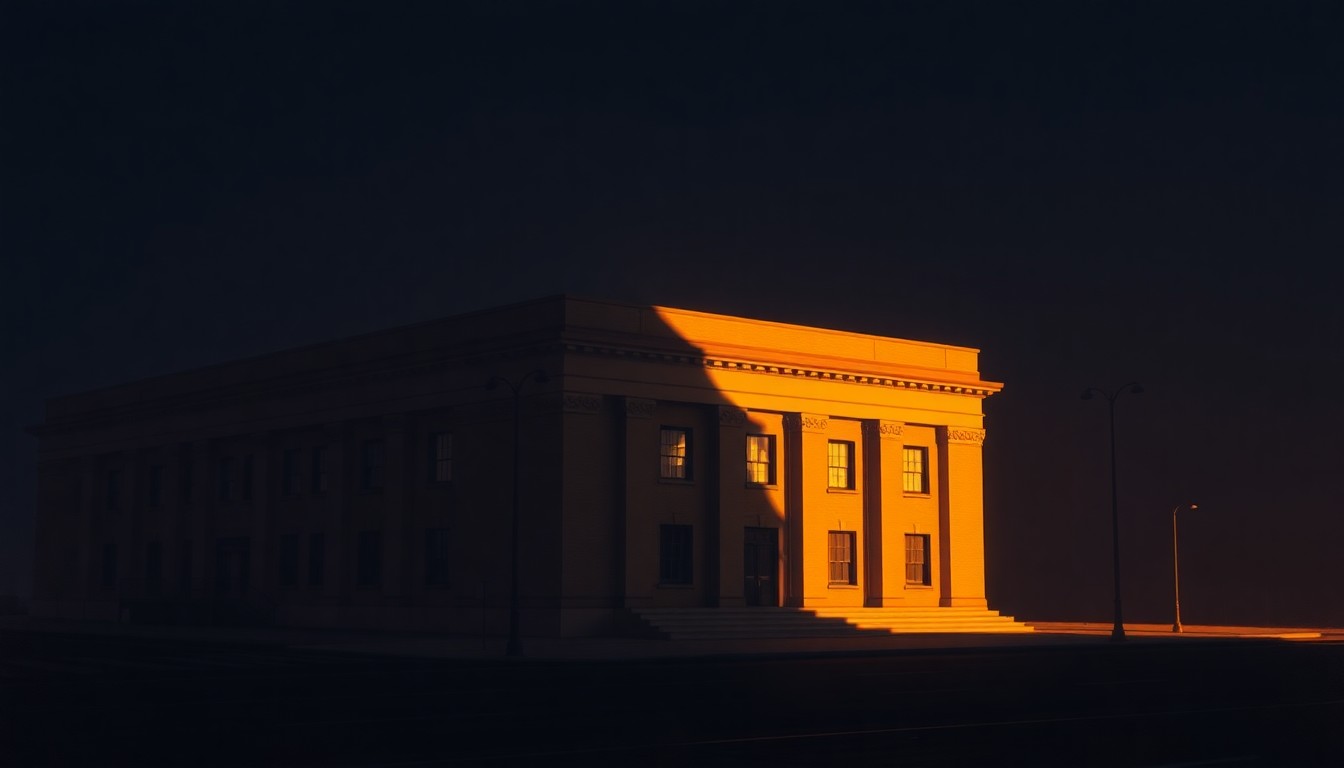 A serene, photorealistic painting of a government building in warm, golden light, conveying a sense of civic duty and community engagement.