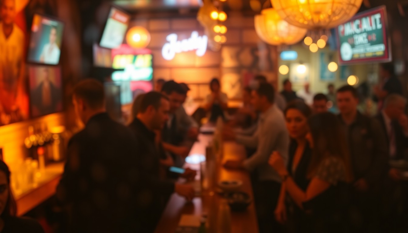 An abstract, impressionistic photograph depicting the blurred, hazy atmosphere of a lively bar, with bartenders pouring drinks and customers enjoying themselves, all captured in a soft, dreamlike wash of warm colors and gentle light.