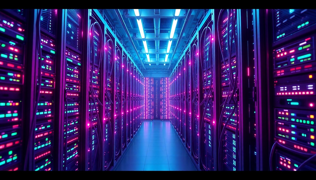 A highly detailed, glowing 3D illustration of a futuristic data center server rack, with neon cyan and magenta lights illuminating the complex hardware and cabling, conceptually representing the immense scale and power consumption of modern data infrastructure.