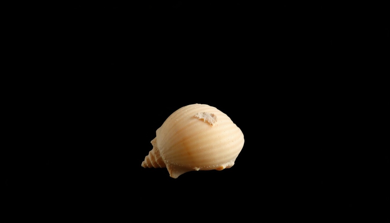 An extreme close-up photograph of a single weathered seashell against a pitch-black background, lit by a harsh camera flash, conceptually representing the fragility of life and the mystery surrounding Brittany Kritis-Garip's final days.