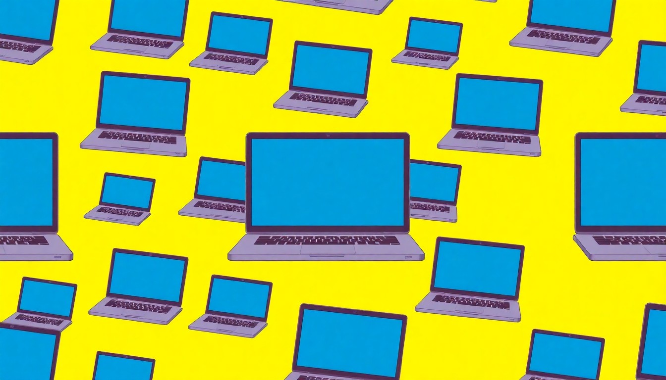 A vibrant, pop art-inspired illustration featuring a laptop computer icon repeated in a grid pattern, conceptually representing the role of technology in modern education.