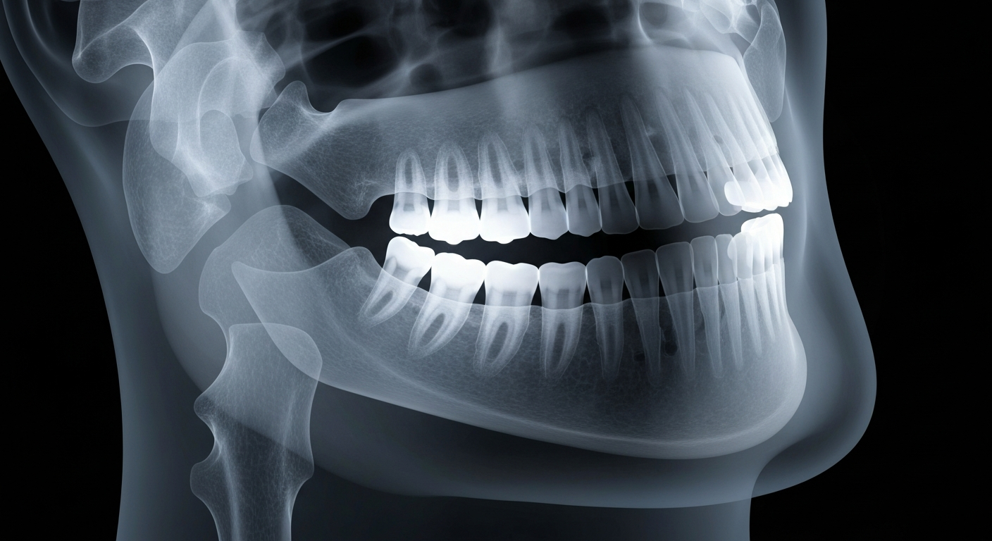 A translucent, ghostly X-ray image of a human jaw, with the teeth and bone structure glowing against a dark background, conceptually illustrating the clinical nature of dental care.