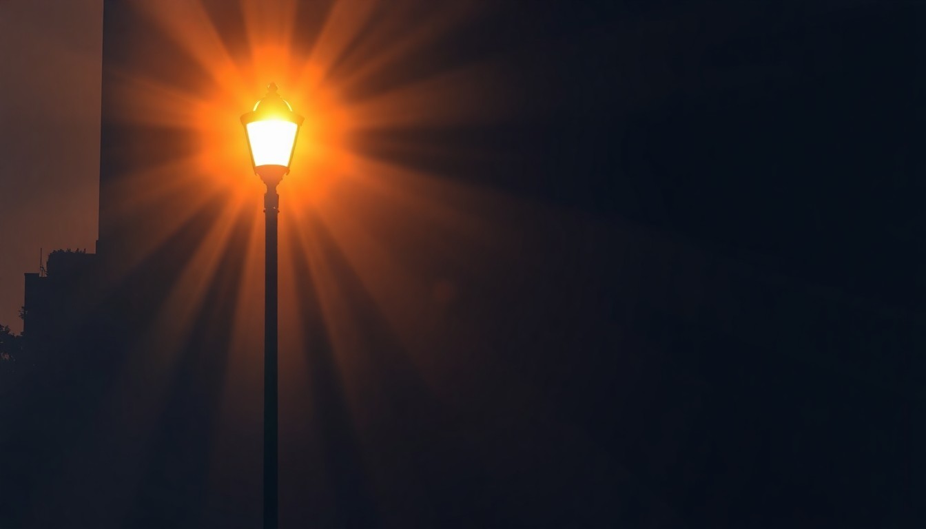 A serene, photorealistic painting of a single street lamp post on an empty city street, with warm sunlight casting dramatic shadows across the scene, conveying a sense of civic planning and investment in public infrastructure.