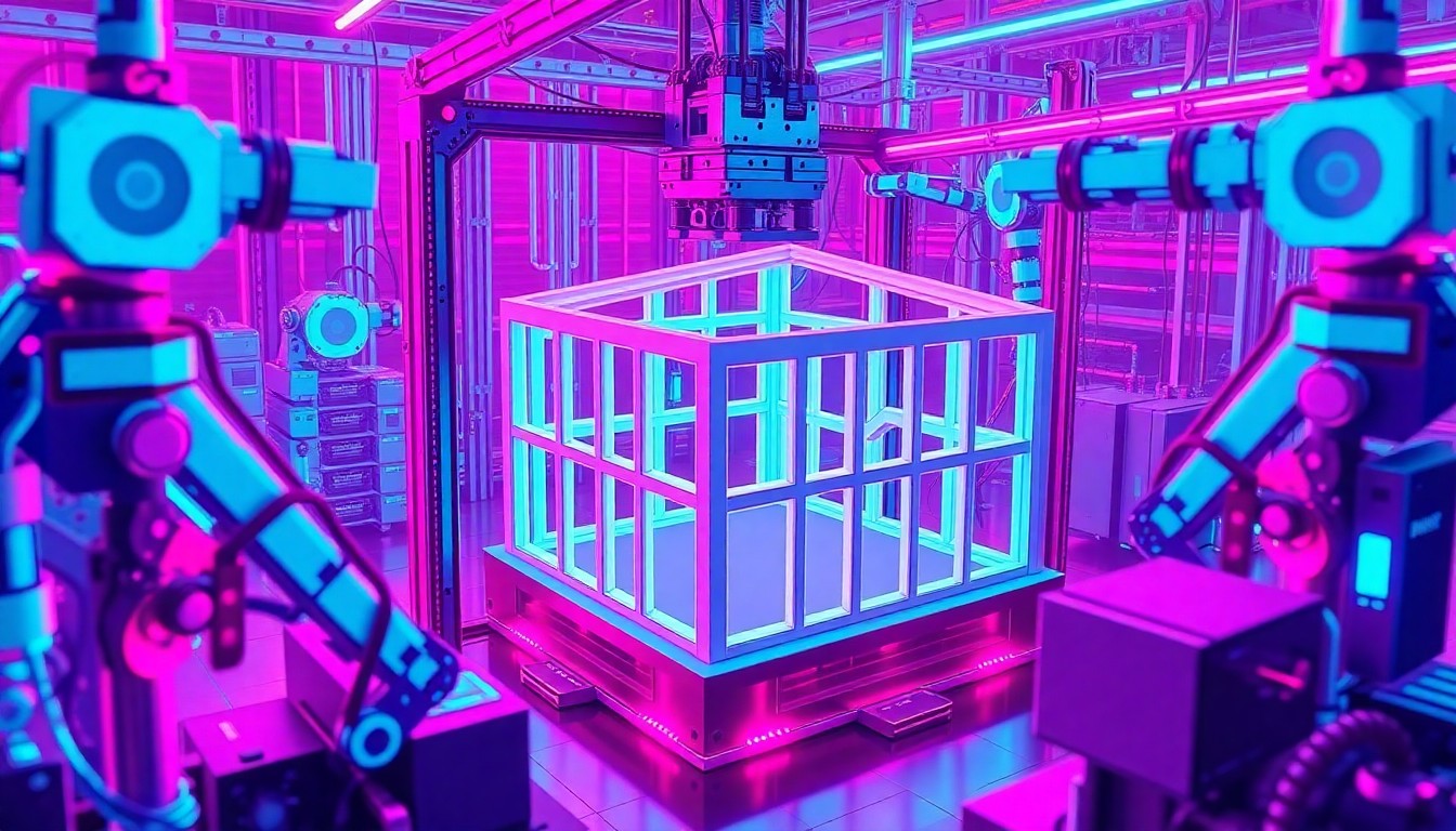 A highly detailed, glowing 3D illustration of a large-scale 3D printer extruding a modular home frame, surrounded by a network of illuminated robotic arms and digital control panels, conceptually representing the advanced manufacturing capabilities enabling affordable 3D-printed homes.