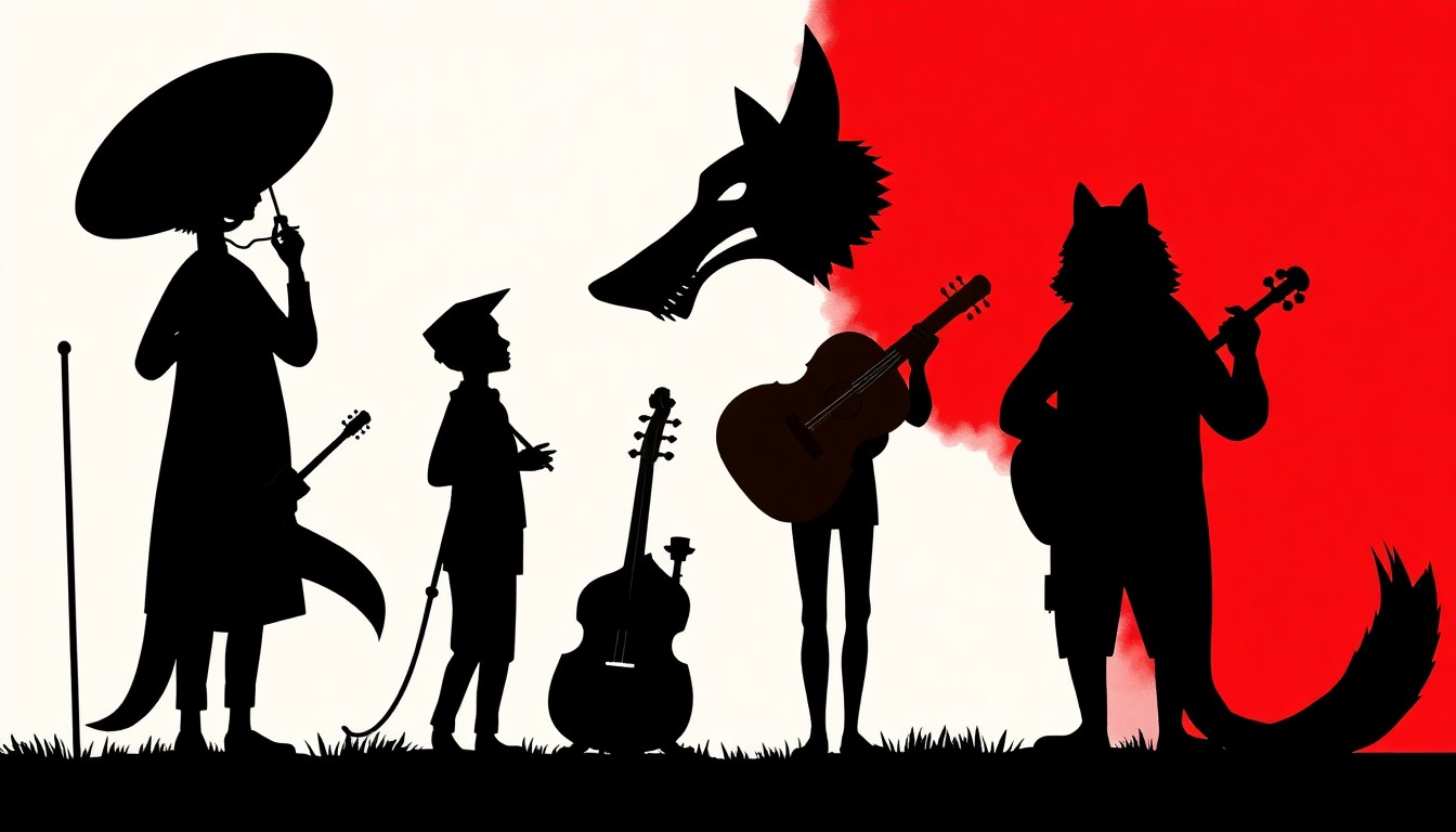 An abstract, minimalist illustration featuring bold black silhouettes of various musical instruments and characters against a bright red background, conceptually representing the lively orchestral performance of 'Peter and the Wolf.'
