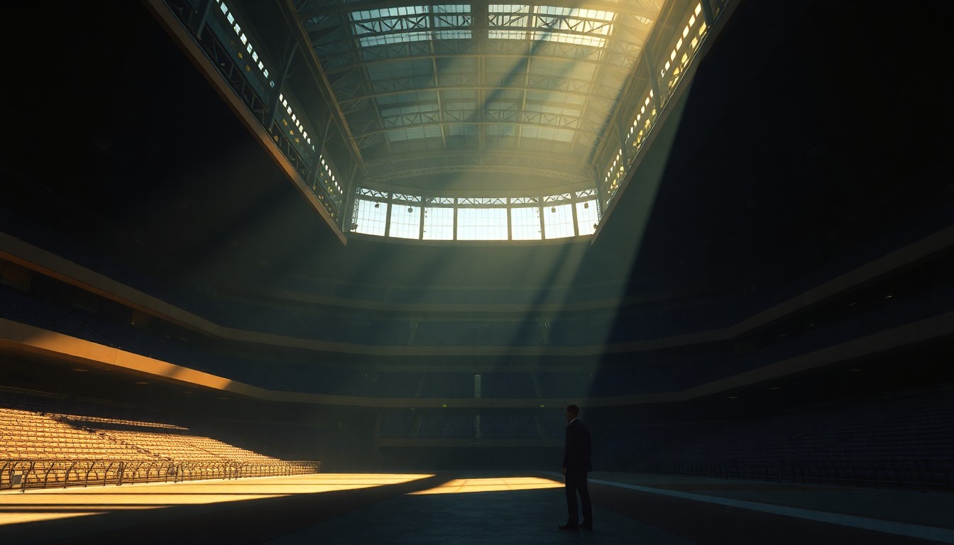 A serene, cinematic painting of an empty, shadowy football stadium concourse with warm sunlight streaming in, conveying the contemplative mood of the negotiations over the Bears' future home.