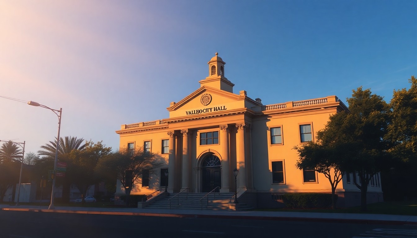 A nostalgic, cinematic painting of the Vallejo City Hall building, its facade bathed in warm, golden light and deep shadows, conveying a sense of civic duty and community during a time of transition.