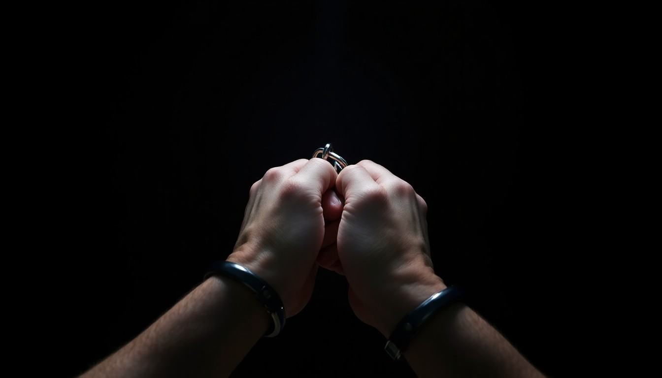 An extreme close-up photograph of a pair of handcuffed hands against a pitch-black background, lit by a harsh, direct camera flash, creating a stark, gritty, investigative aesthetic.