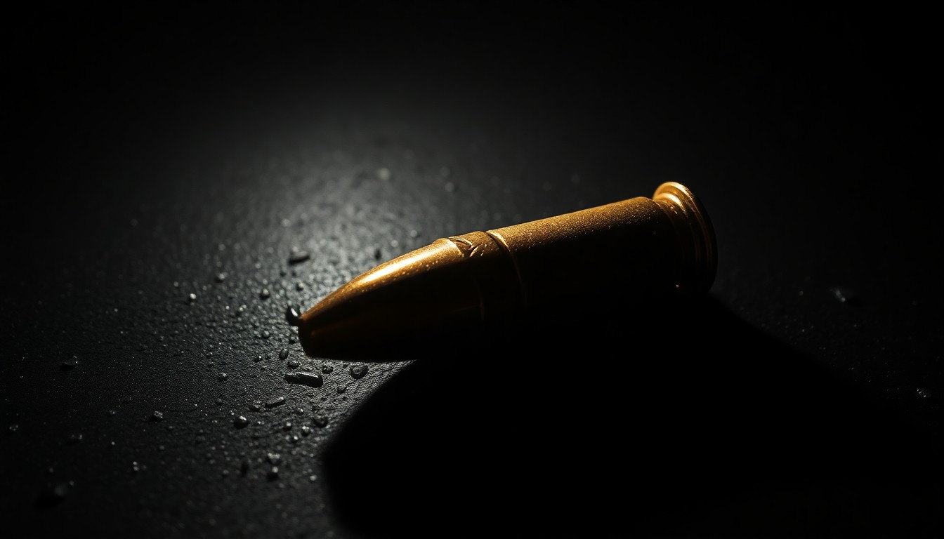 An extreme close-up of a spent bullet casing on a dark, textured surface, lit by a harsh, direct camera flash, conceptually representing the investigation into an unsolved murder.