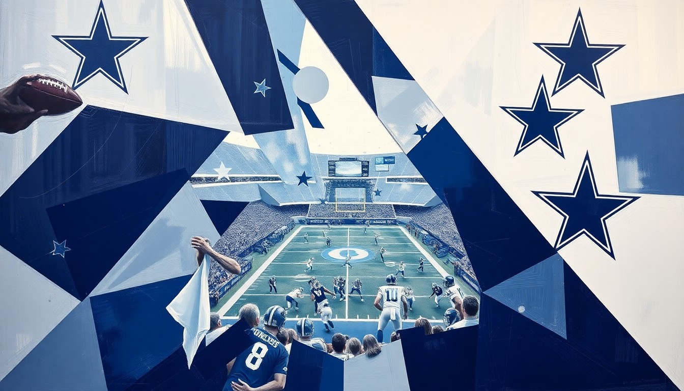A cubist, geometric painting depicting a Dallas Cowboys football game, with the players and field broken down into sharp, overlapping planes of navy blue, silver, and white, capturing the complexity and intensity of the sport.