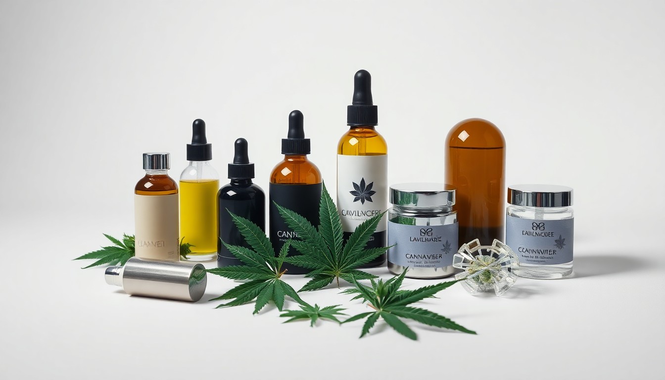A high-end, photorealistic studio still-life photograph featuring a selection of premium, polished cannabis products arranged elegantly on a clean, monochromatic seamless background, conceptually representing the legal cannabis industry's growth and economic impact in New York.
