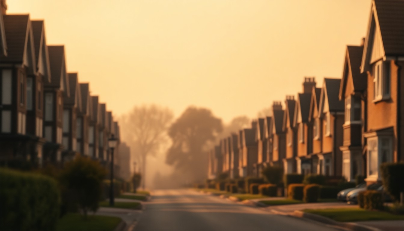 An extremely abstracted, out-of-focus photograph in warm, hazy tones depicting the silhouettes of Tudor-style homes and trees on a suburban street, creating a dreamlike, nostalgic atmosphere that captures the essence of Garden City's evolution.