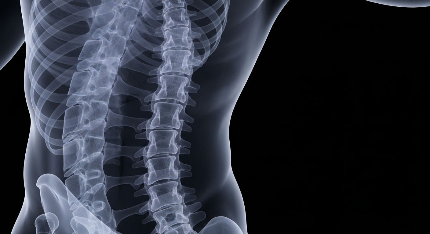 A translucent, ghostly X-ray photograph showing the detailed internal structure of the human spine and back muscles, conveying the clinical and anatomical focus of the massage therapy services.