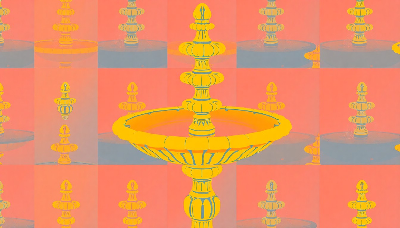 A brightly colored, high-contrast silkscreen-style illustration featuring a repeating grid pattern of a decorative fountain spout or basin in vibrant neon shades of blue, green, and pink, conceptually representing the iconic Butler-Perozzi Fountain and its upcoming restoration.