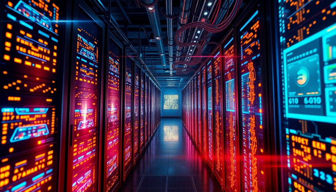 A highly detailed, glowing 3D illustration of a futuristic data center with illuminated server racks, fiber optic cables, and pulsing digital displays, conceptually representing the cutting-edge technology that powers cloud computing and next-gen software.