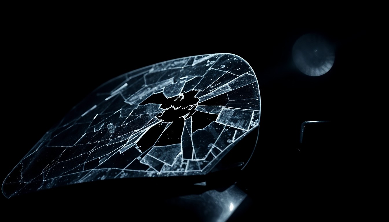 An extreme close-up photograph of a shattered car windshield or damaged motorcycle part, lit by a harsh, direct camera flash against a pitch-black background, conceptually illustrating the violence and chaos of the Forest Avenue fight.