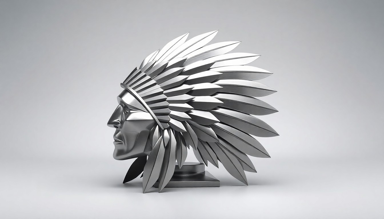 A highly reflective, geometric metal sculpture in the shape of a traditional Native American headdress, resting on a clean, monochromatic background and dramatically lit to capture the intersection of indigenous culture and modern design.