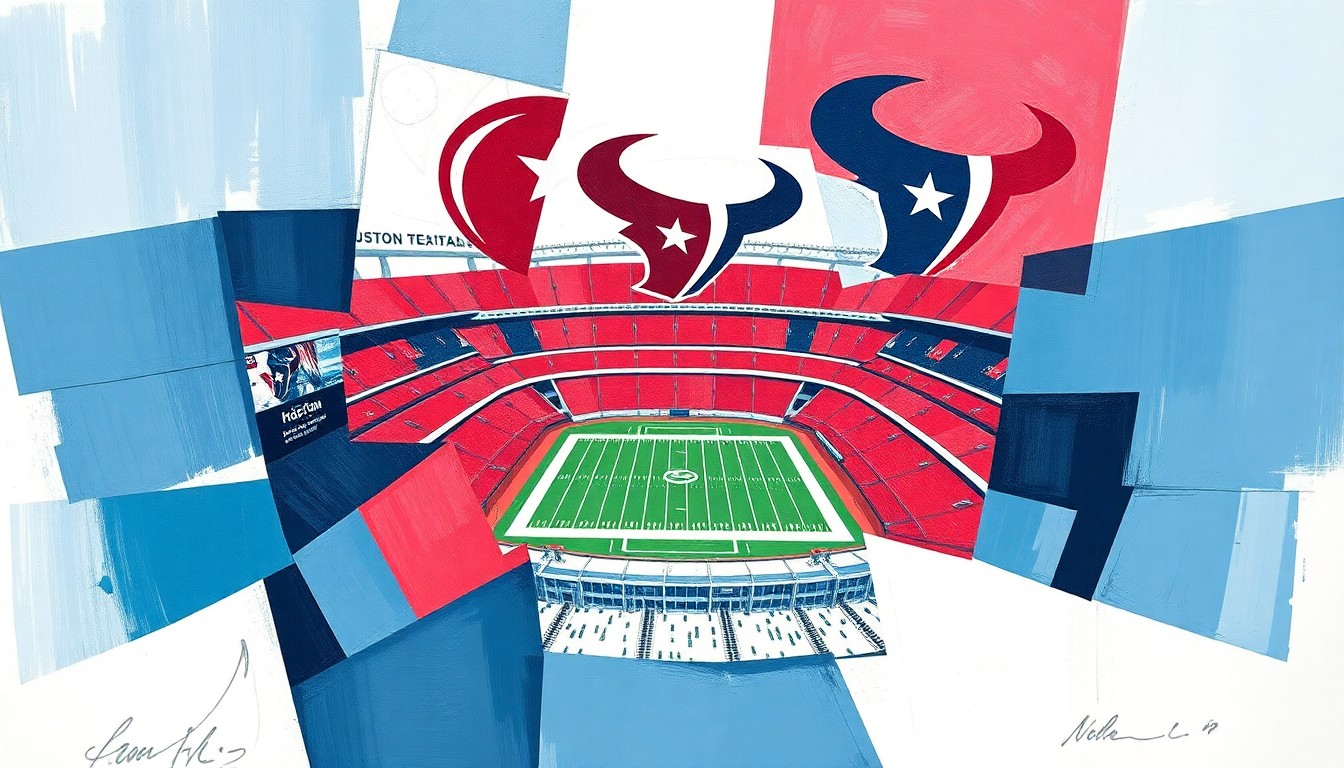 A fragmented, geometric painting in deep blues, reds, and whites, depicting the Houston Texans' home stadium in an abstract, multi-angled composition.