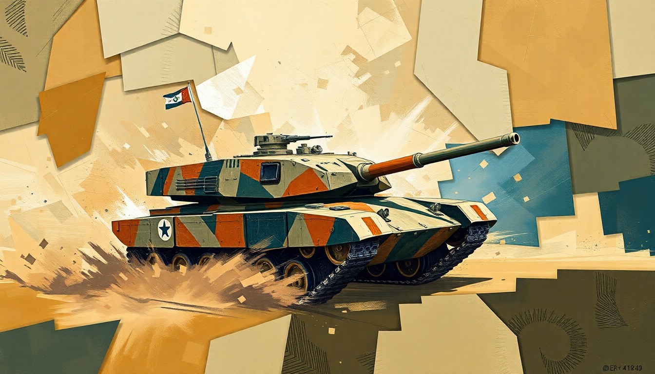 A fractured, abstract painting of a military vehicle in motion, with overlapping geometric shapes and waves of earthy colors, conveying the chaotic and rapidly shifting dynamics of the Israel-Lebanon conflict.