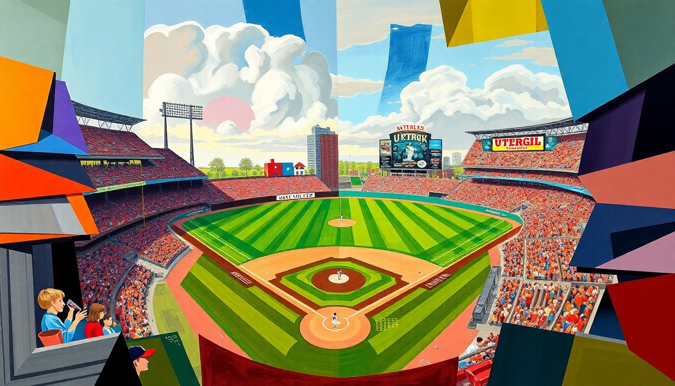 A fragmented, geometric painting in bright colors representing the dynamic action of a college baseball game.