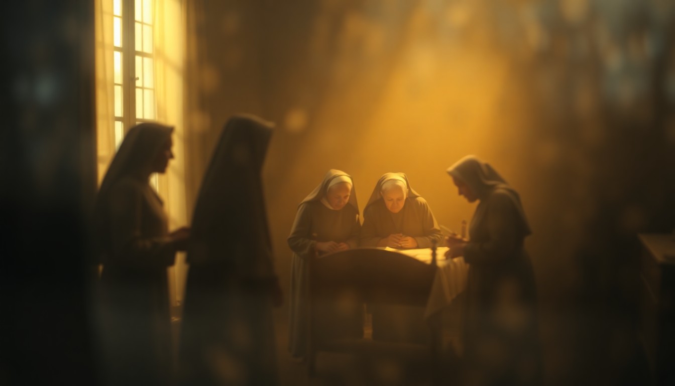 An extremely blurred, atmospheric photograph depicting the shadowy outlines of elderly nuns gathered around a bedside in a dimly lit room, conveying a sense of reverence and the fading of a sacred way of life.