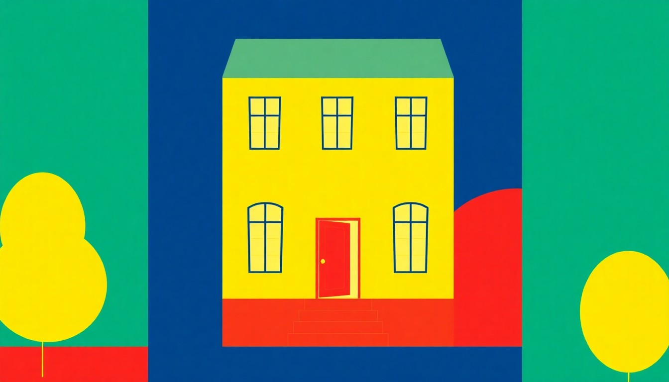 A minimalist illustration using bold geometric shapes and primary colors to conceptually represent a tax on luxury second homes in New York City.