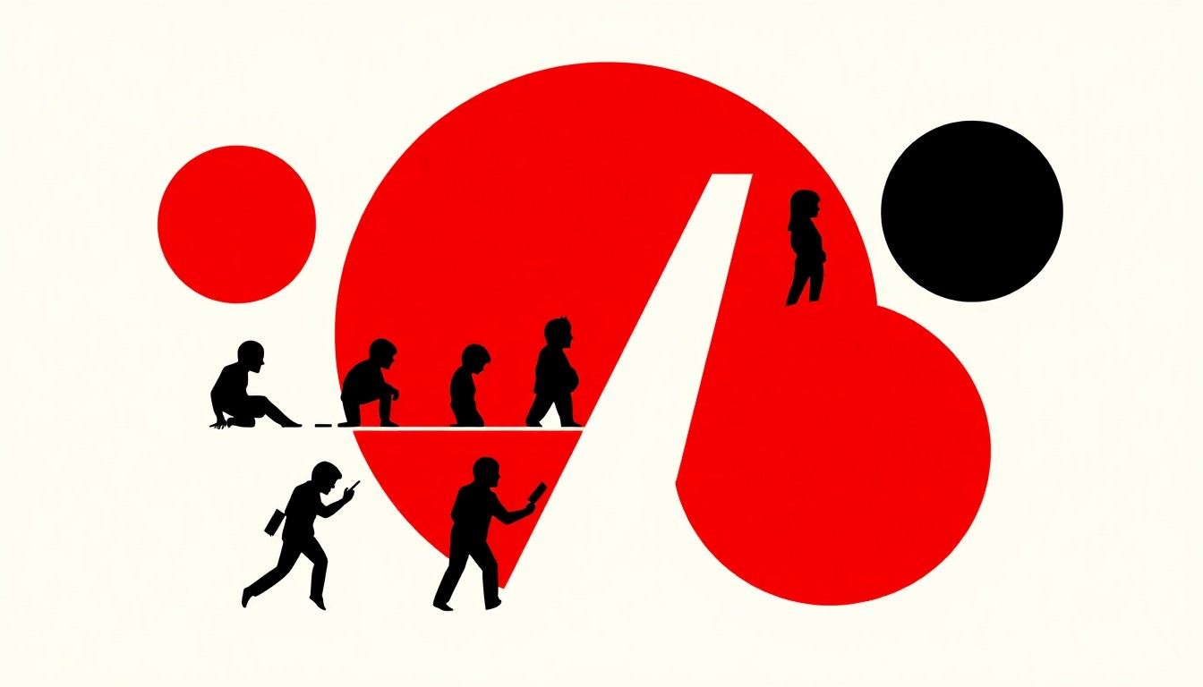 An abstract composition of geometric black shapes and bold red and white colors, representing the concept of a unified planetary federation without any text or identifiable imagery.