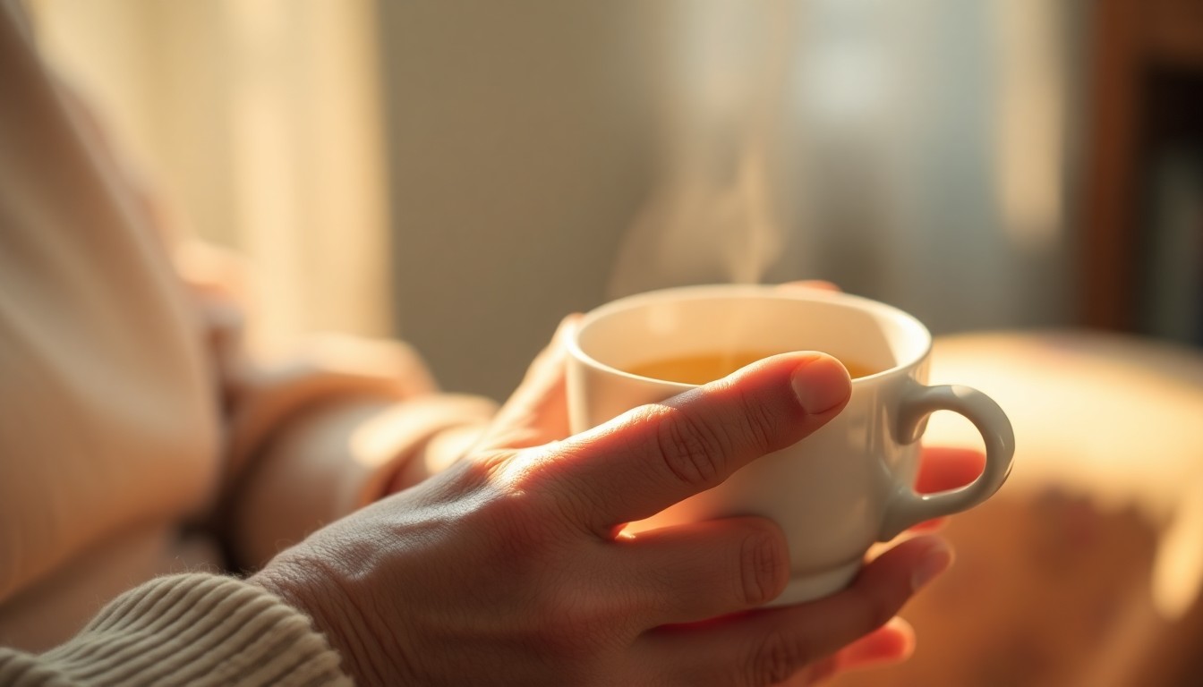 An extremely abstracted, out-of-focus photograph of an elderly person's hand gently holding a cup, composed in soft pools of warm color and light to conceptually represent the compassionate care provided by in-home senior services.