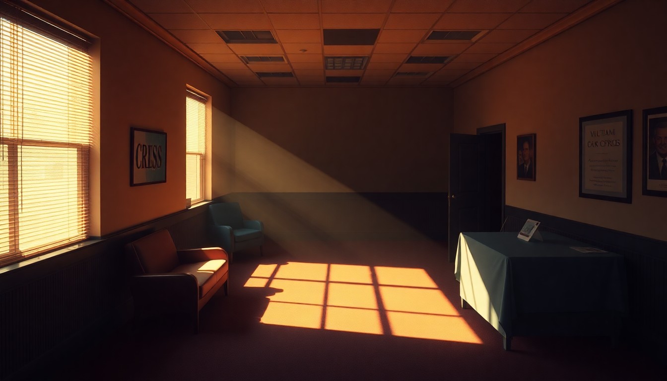 A dimly lit, cinematic painting of an empty political campaign office or fundraising event space, with warm sunlight streaming in through the windows and deep shadows obscuring much of the room. The scene conveys a sense of melancholy and unease, reflecting the challenges faced by candidates dealing with the fallout from a prominent politician's scandal.