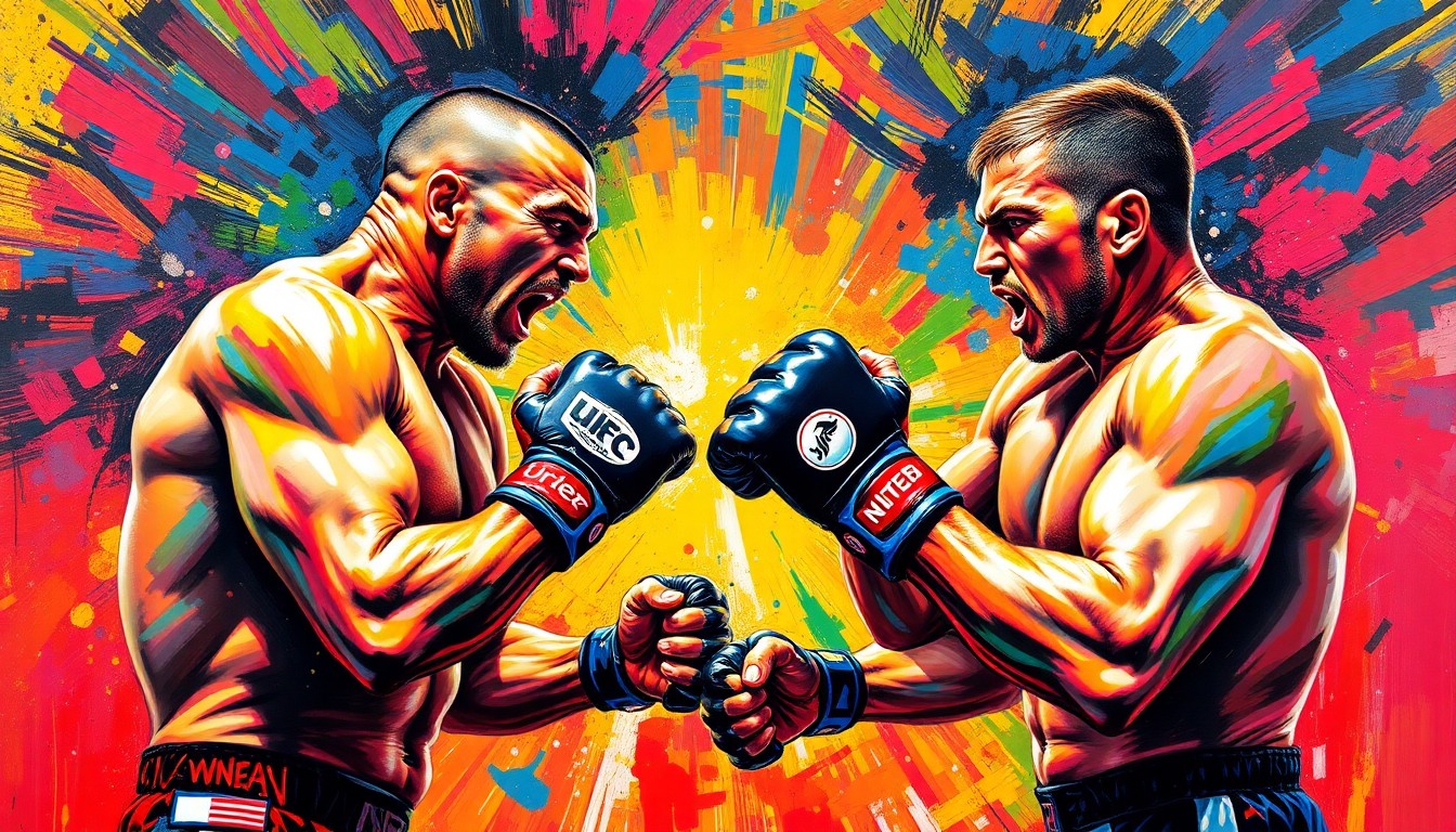 An abstract expressionist painting in neon colors, with rapid brushstrokes depicting the dynamic movements and intense emotions of two MMA fighters engaged in a heated confrontation.