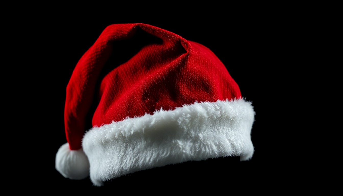 An extreme close-up photograph of a crumpled Santa Claus hat against a pitch-black background, lit by a harsh, direct camera flash, creating a stark, gritty, investigative aesthetic.