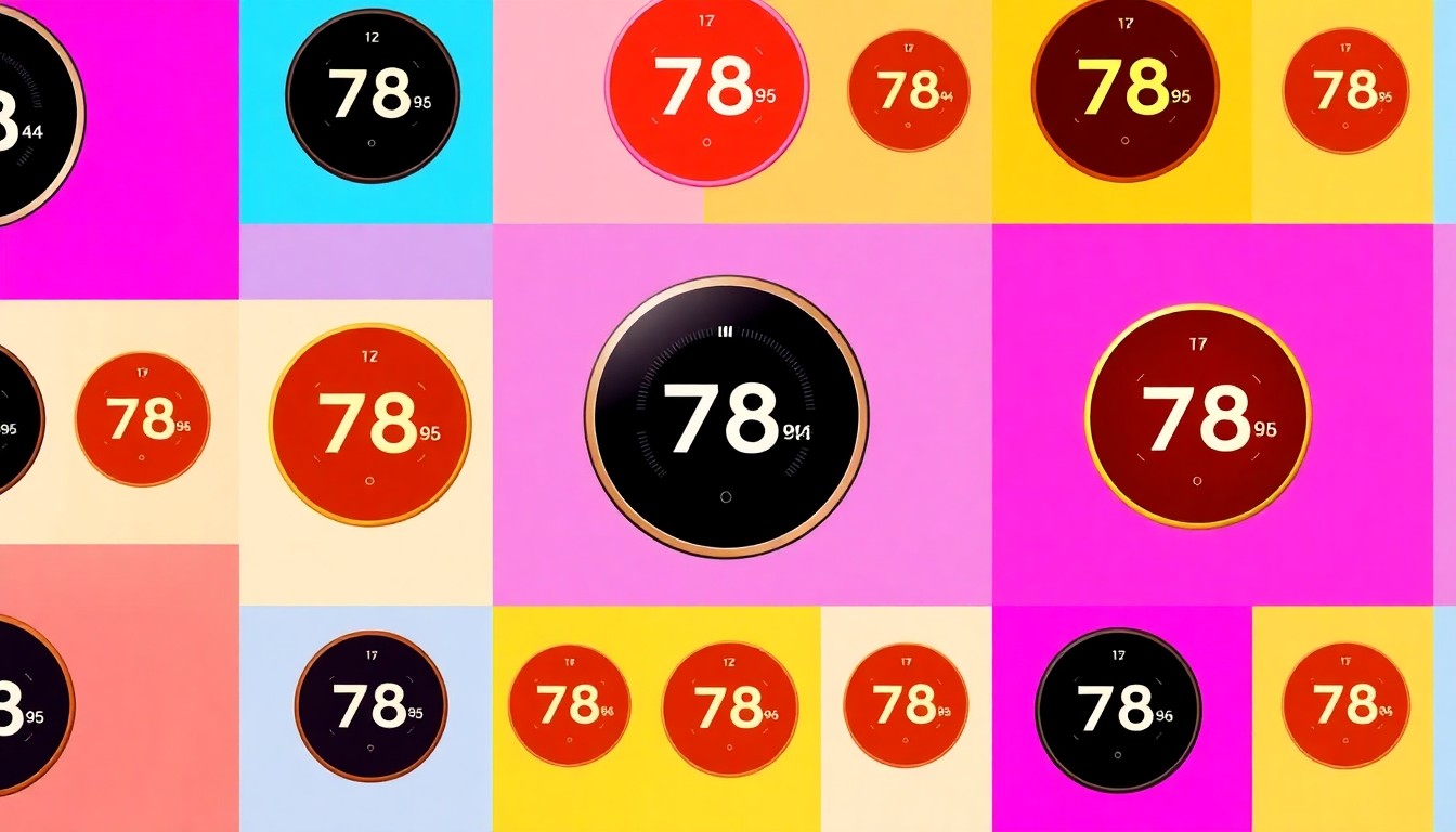 A highly stylized, abstract illustration composed of a repeating grid of bright, neon-colored smart thermostat icons, conceptually representing the accessibility and popularity of smart home technology.