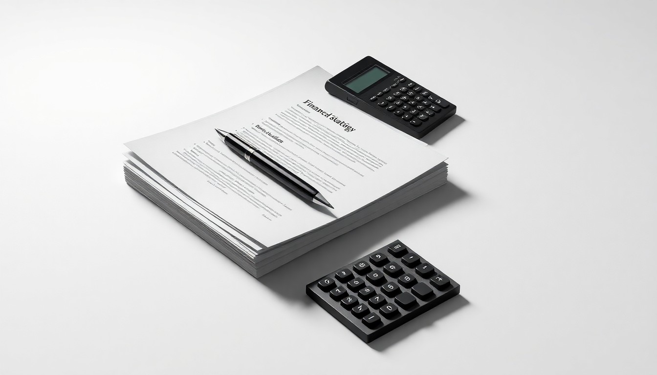 A high-end, photorealistic studio still-life photograph featuring a stack of financial documents, a pen, and a calculator arranged elegantly on a clean, white seamless background, conceptually representing the strategic financial guidance that can help real estate firms succeed.