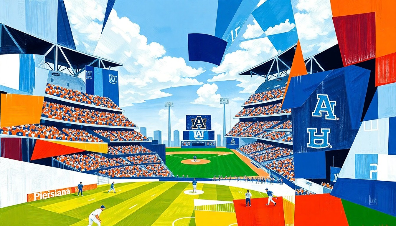 A cubist, geometric painting depicting a baseball game, with the field and players broken down into overlapping planes of vibrant blue, white, orange, and blue colors representing the Kentucky Wildcats and Auburn Tigers.