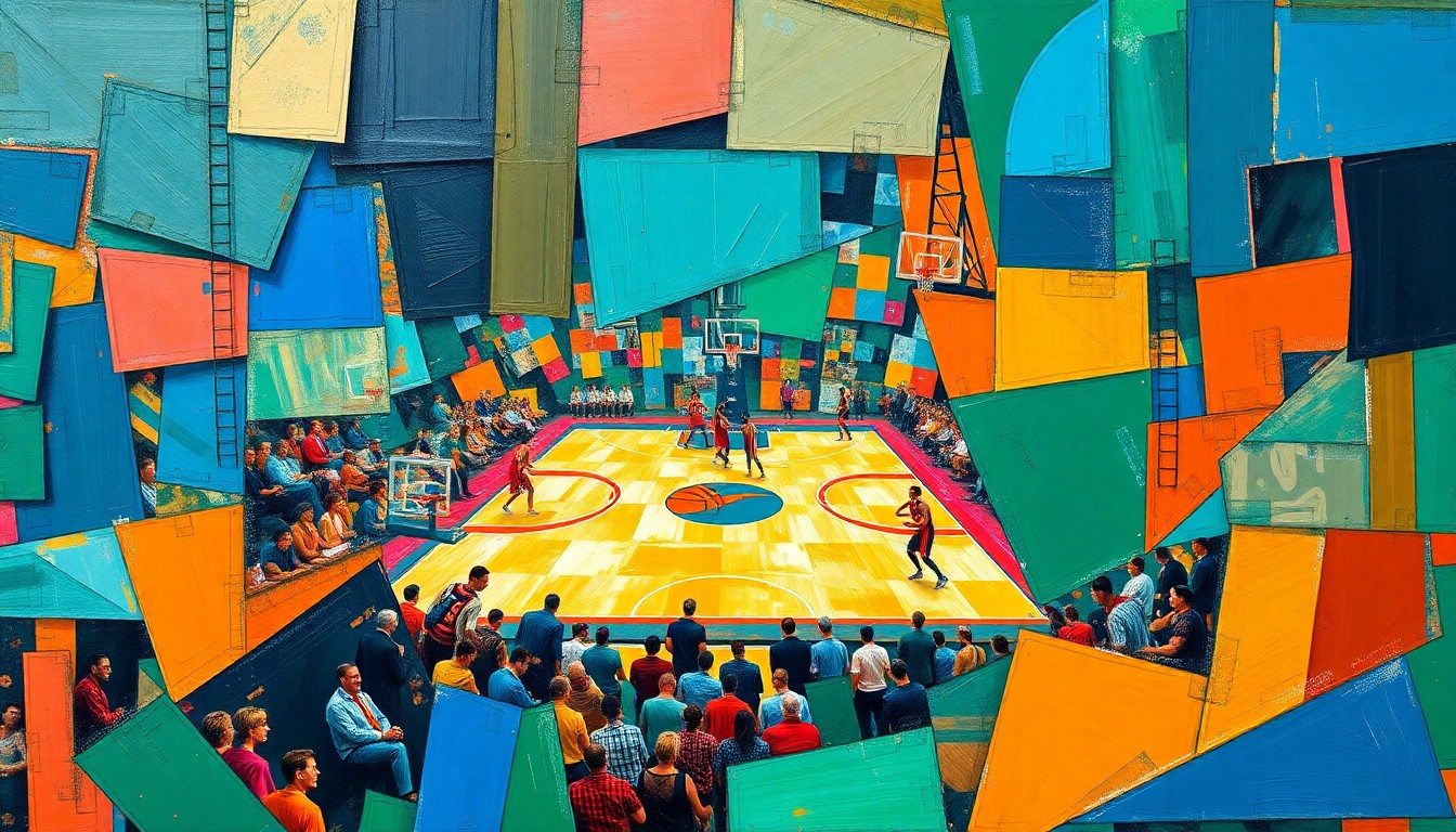 A fragmented, geometric painting depicting the dynamic movements and overlapping perspectives of a basketball player on the court, conveying the energy and intensity of the sport.