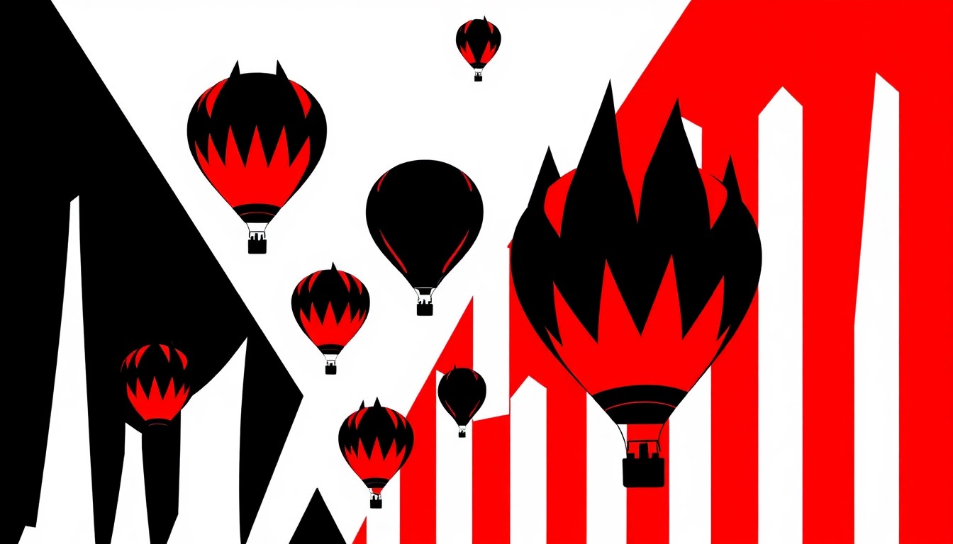 An abstract, minimalist illustration featuring bold, jagged shapes in black, white, and red, conceptually representing the visual energy and spectacle of hot air balloons taking flight.