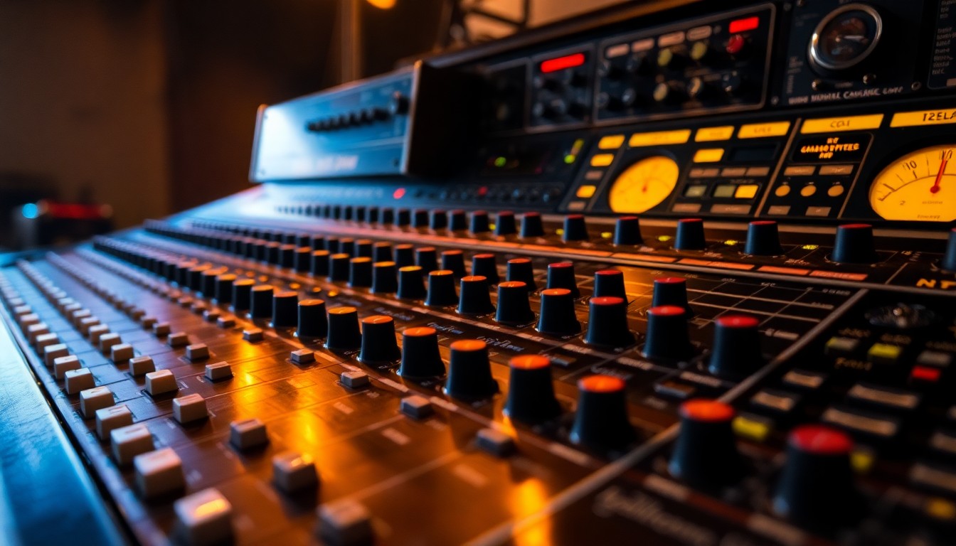 An abstract close-up photograph of the knobs, sliders, and metal casing of a vintage analog mixing console, captured with dramatic high-contrast lighting to emphasize the tactile, luxurious textures of the studio equipment.