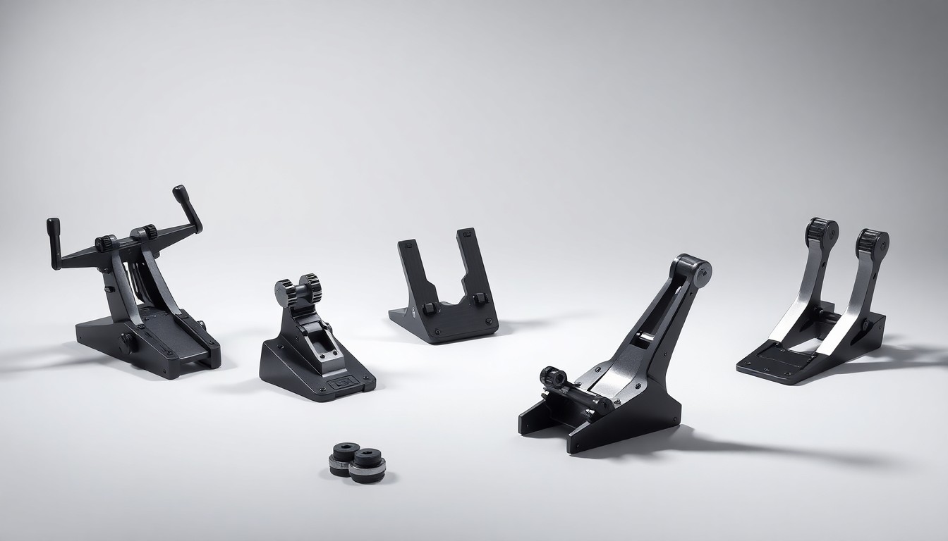 A high-end, photorealistic studio still-life photograph featuring a set of sleek, polished metal pilot controls and components, such as throttle quadrants, rudder pedals, and side sticks, arranged elegantly on a clean, monochromatic seamless background, conceptually representing the transfer of Woodward's pilot controls product line to Ontic.